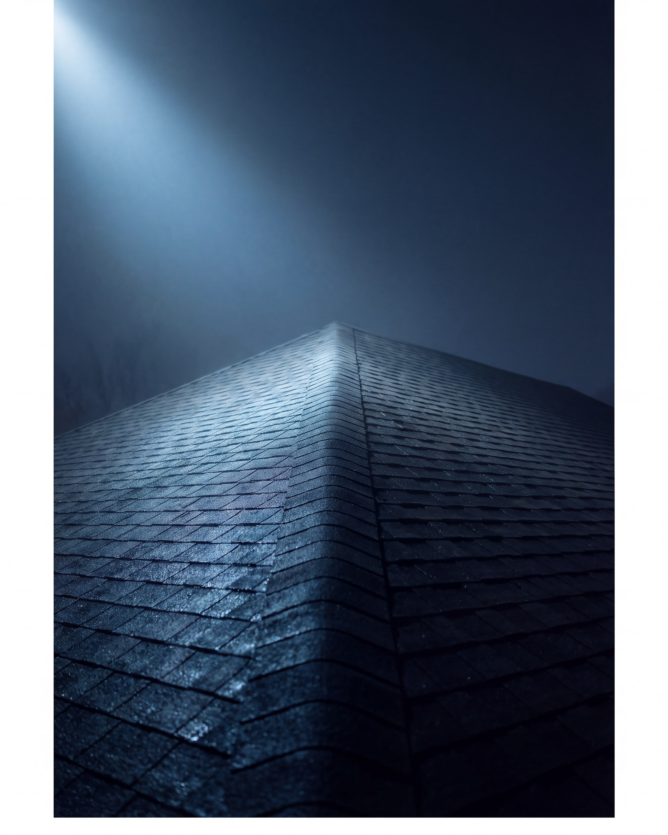 A roof ridge lit by a single beam of steel-blue light at night